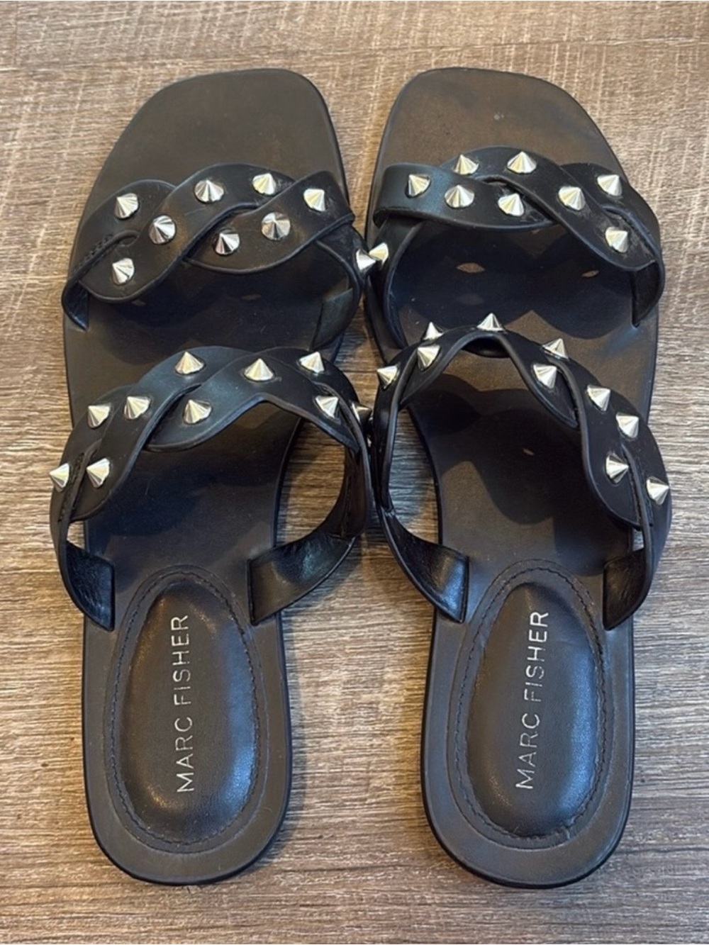 Marc Fisher Black Studded Slide Sandals with Silver Accents